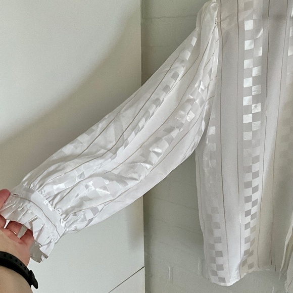 Vintage blouse damier Ruffled Retro Elegance MCM Mad men Cream Gold 16 - Picture 12 of 13